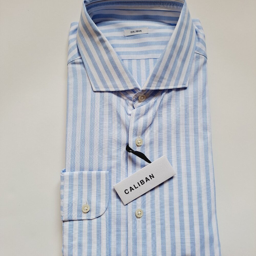 NEW Caliban Men's Slim Blue Stripe 100% Cotton Shirt Long sleeve Sizes 43